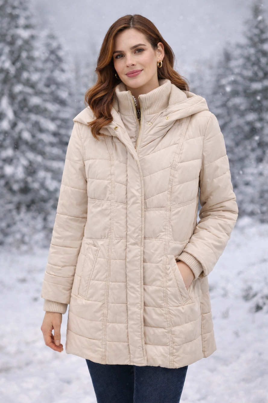Kensie Outerwear Beige Long Puffer Coat W/ Oversized Hood Chic Size M No Belt